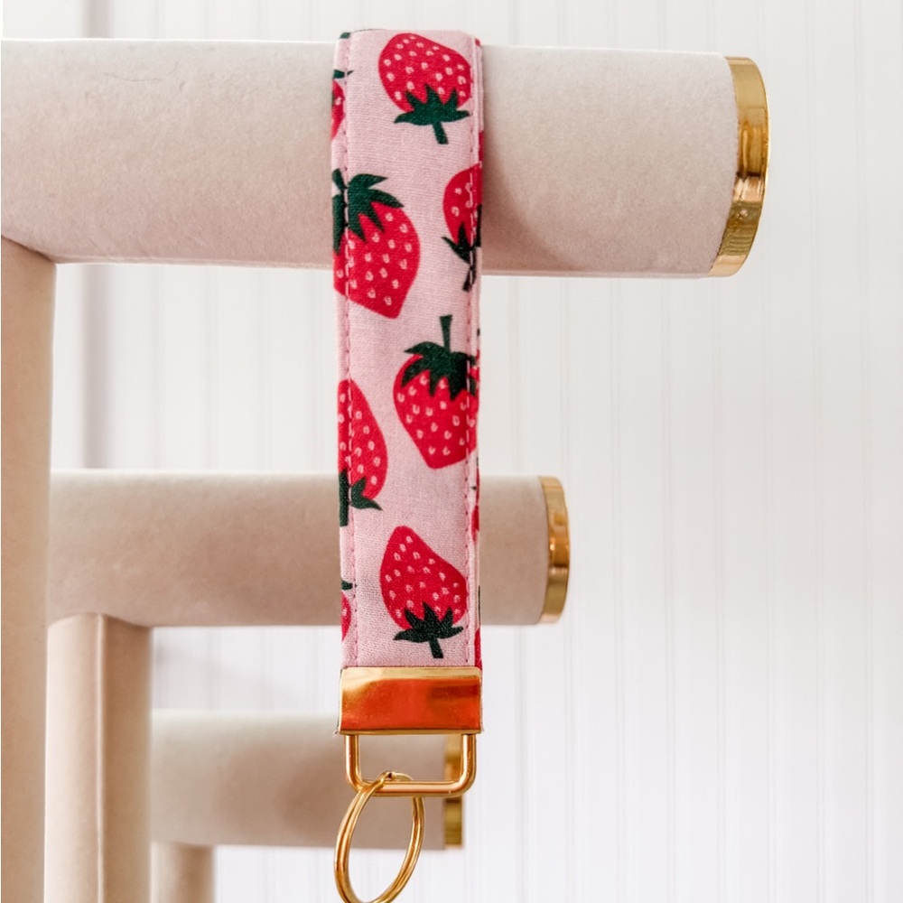 Pink Fabric Wristlet Keychain, Handmade, Strawberries